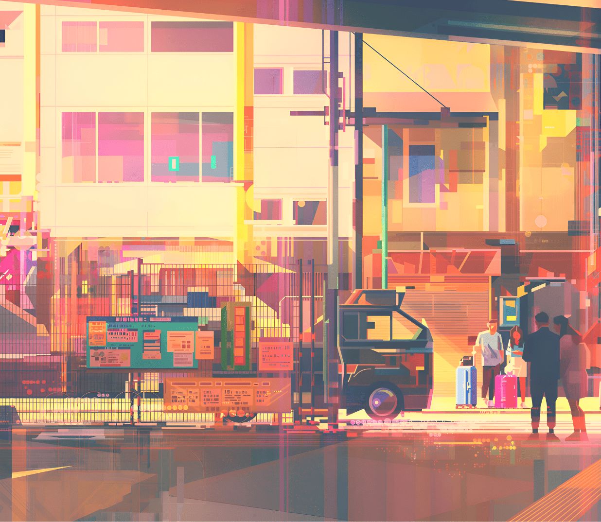 Illustration of a busy city street with people and vehicles