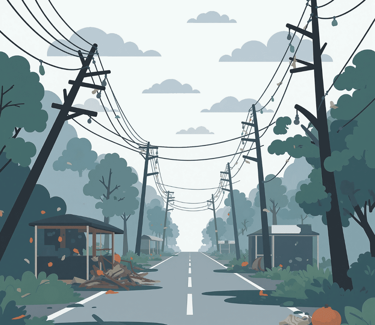 Illustration of a road lined with power poles and trees