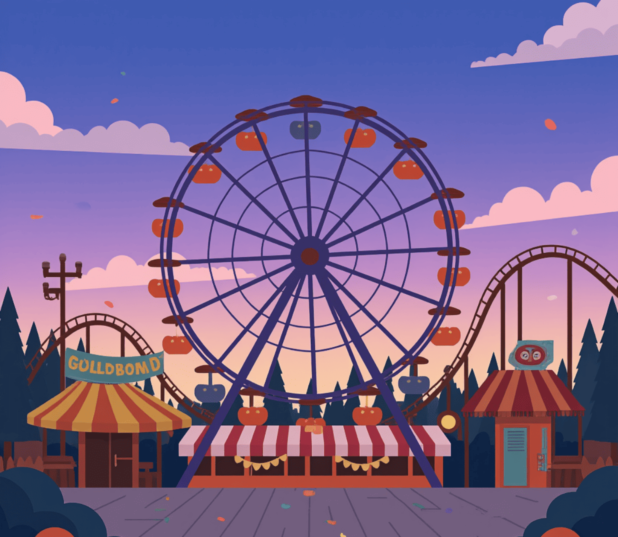 Illustration of a ferris wheel at an amusement park at sunset