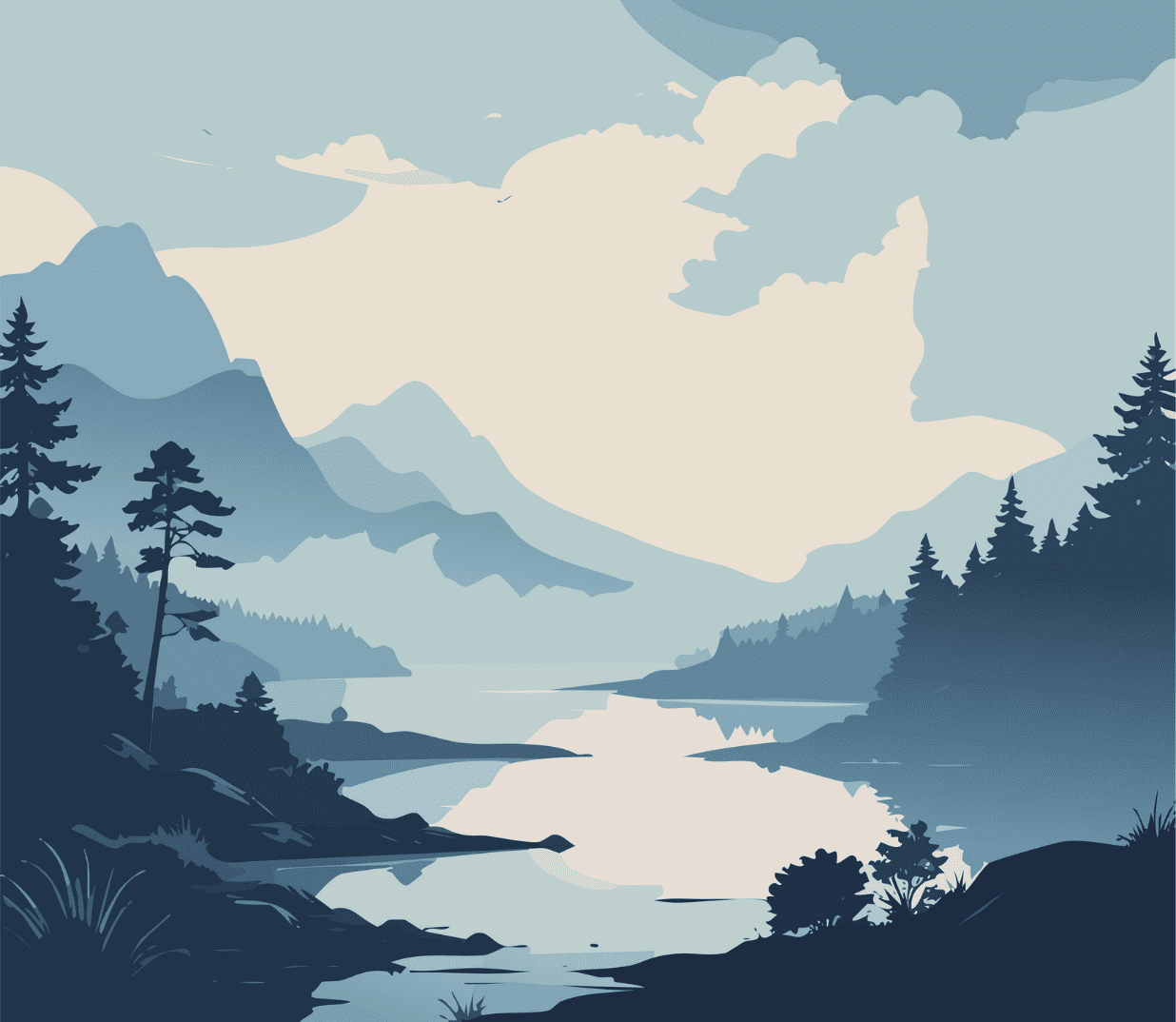Illustration of a mountain lake landscape with pine trees