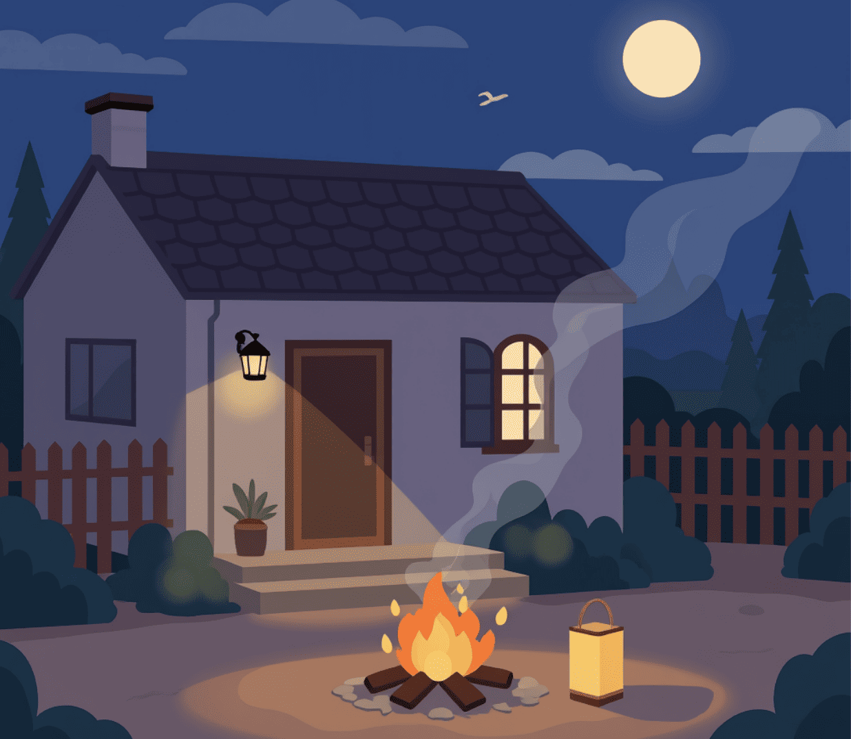 Illustration of a house at night with a campfire